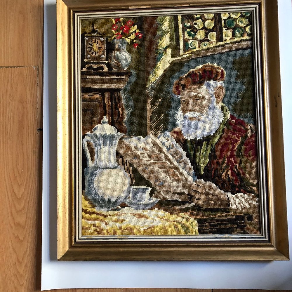 Finished needlepoint needlework embroidery picture old man reading wood framed